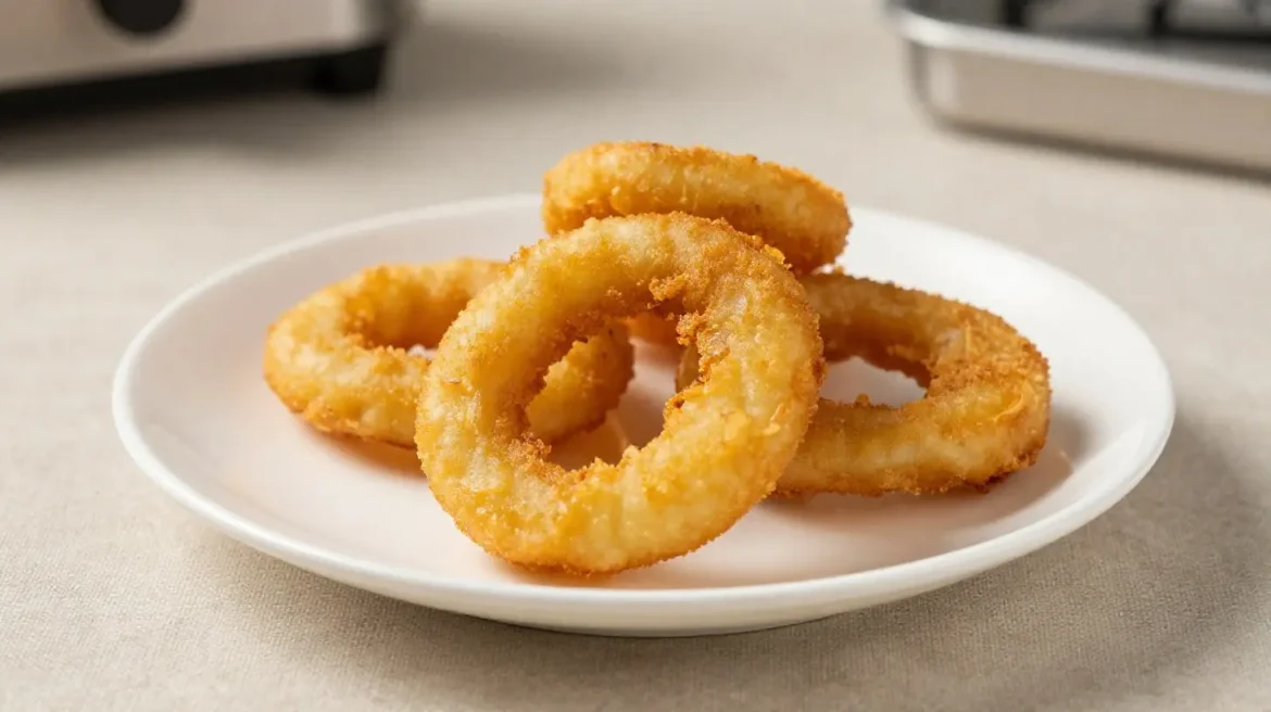 Croccanti anelli di cipolla preparati nella friggitrice ad aria con un sapore irresistibile.