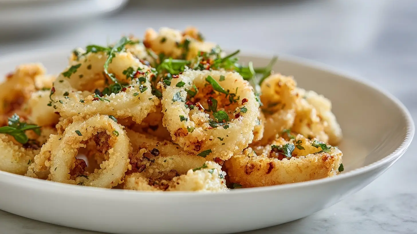 Deliziosi calamari in friggitrice ad aria pronti da gustare.