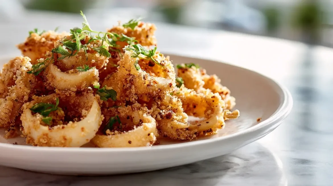 Calamari con friggitrice ad aria Calamari croccanti cucinati in friggitrice ad aria per un pasto leggero e gustoso.