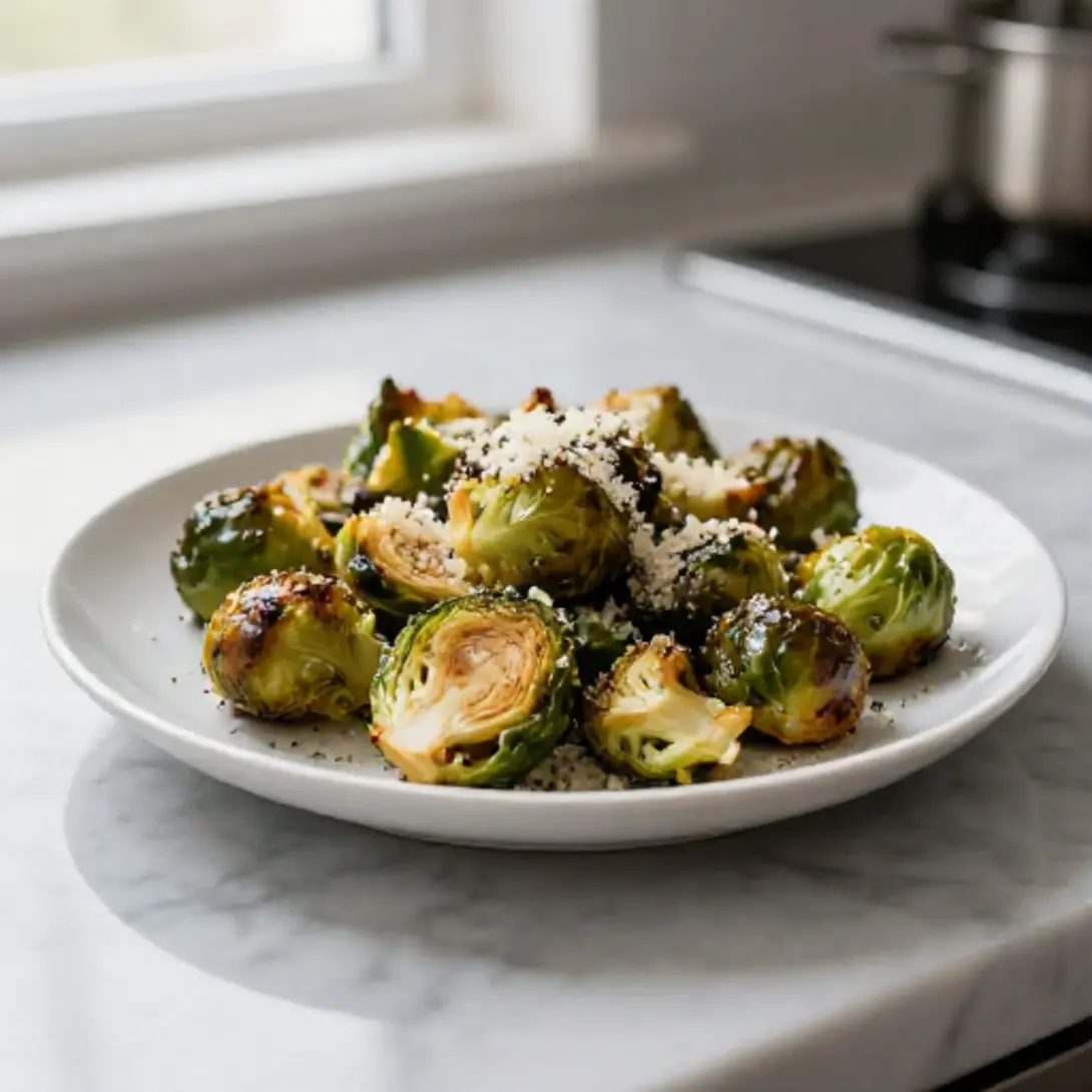 Cavoletti di Bruxelles dorati e saporiti in friggitrice ad aria.