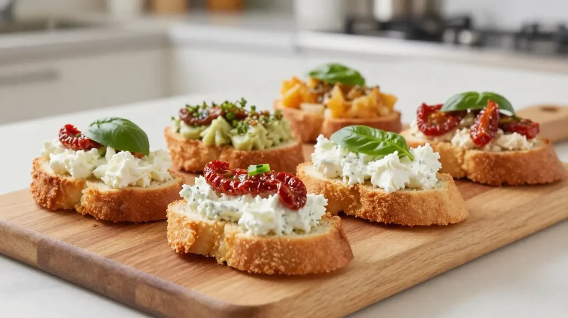 Deliziosi crostini misti preparati nella friggitrice ad aria, perfetti per un aperitivo gustoso.