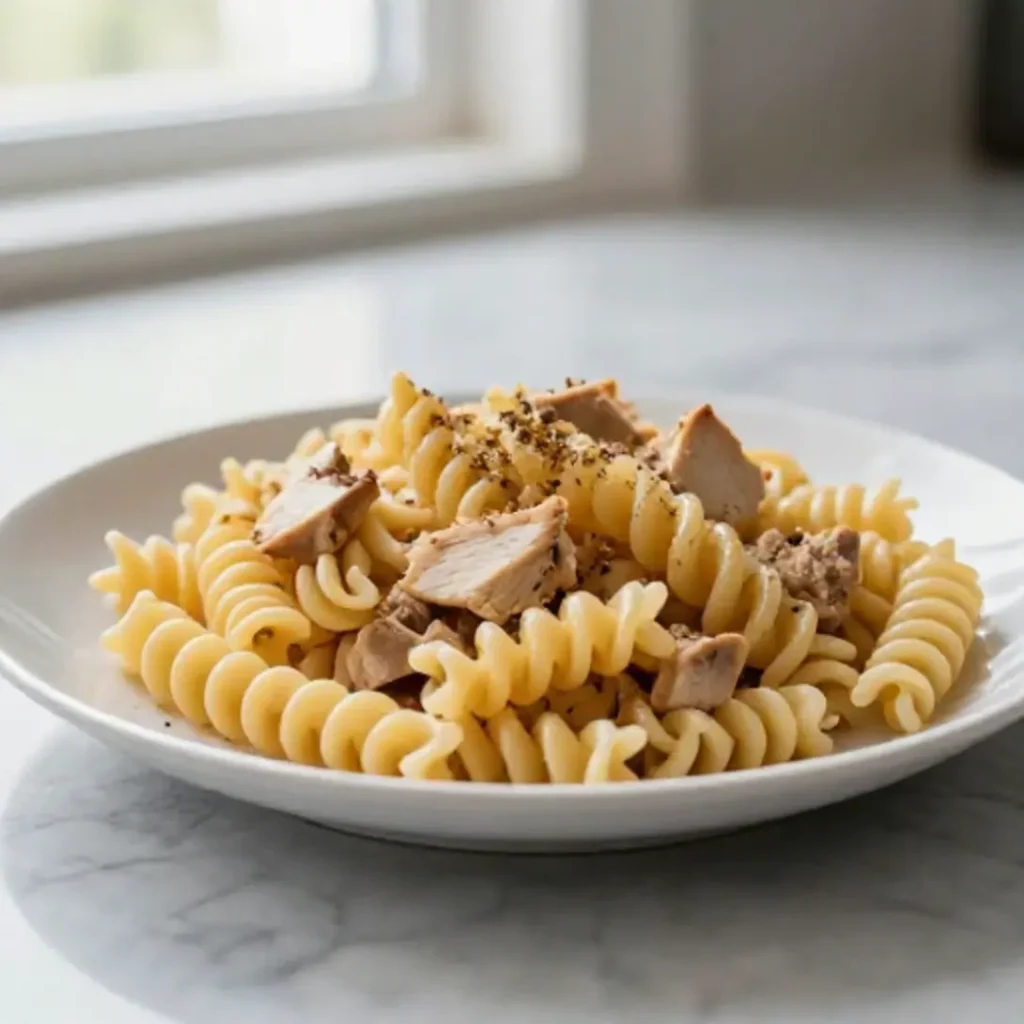 Ecco un piatto appetitoso di fusilli di pollo in friggitrice ad aria.