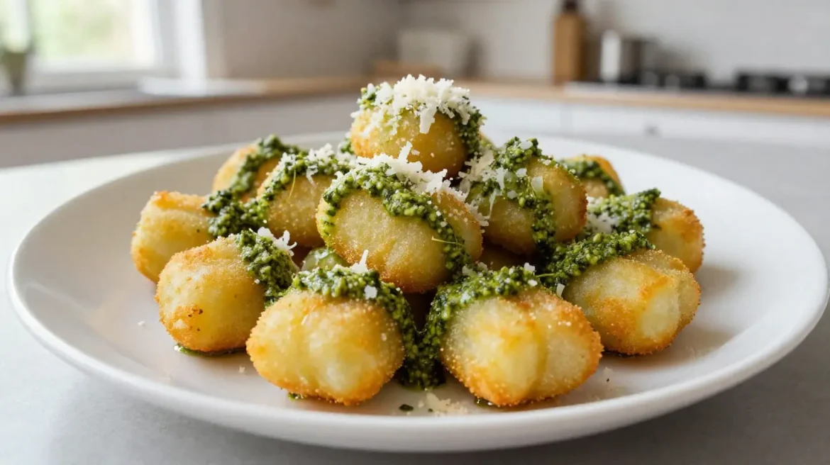 Gnocchi al pesto in friggitrice ad aria Deliziosi gnocchi al pesto preparati nella friggitrice ad aria per un pasto leggero e gustoso.