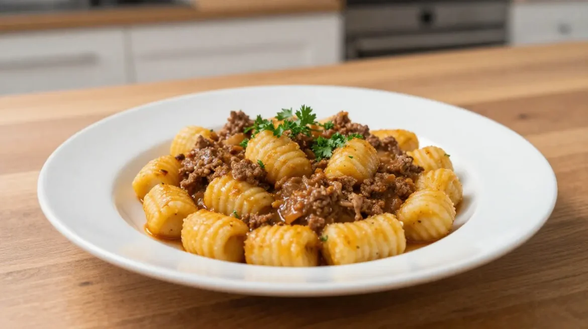 Gnocchi al ragù preparati facilmente nella friggitrice ad aria.