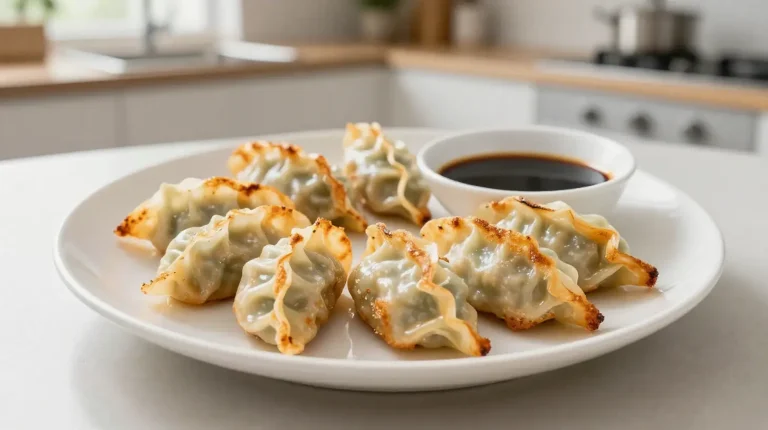 Deliziosi gyoza cotti perfettamente nella friggitrice ad aria, croccanti e saporiti.