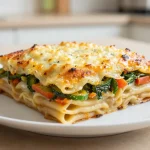 Deliziosa pasta al forno con verdure preparata nella friggitrice ad aria.