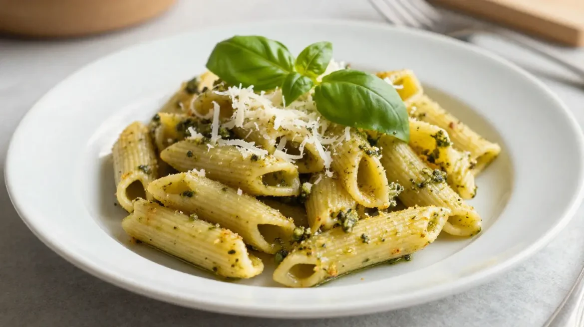 Deliziosa pasta al pesto cotta in friggitrice ad aria con un sapore unico.