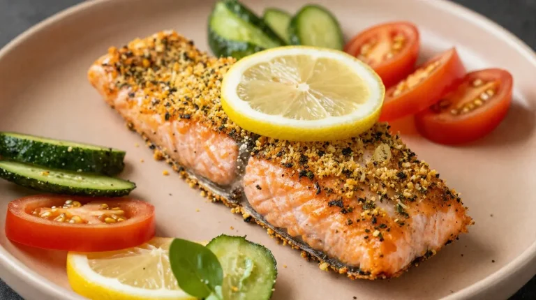 Salmone in crosta in friggitrice ad aria Salmone croccante in crosta preparato nella friggitrice ad aria, delizioso e leggero.