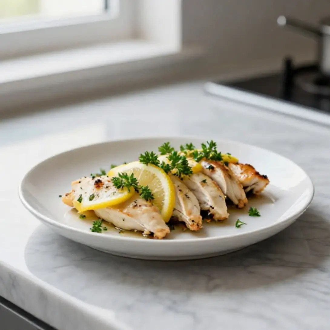Scaloppine al limone servite con contorno in friggitrice ad aria.