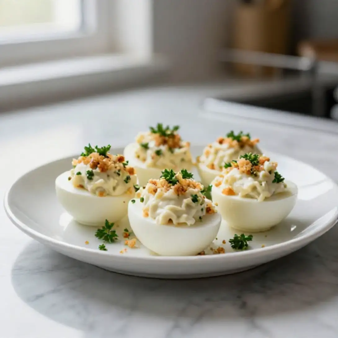 Uova ripiene pronte per essere gustate, fatte in friggitrice ad aria.