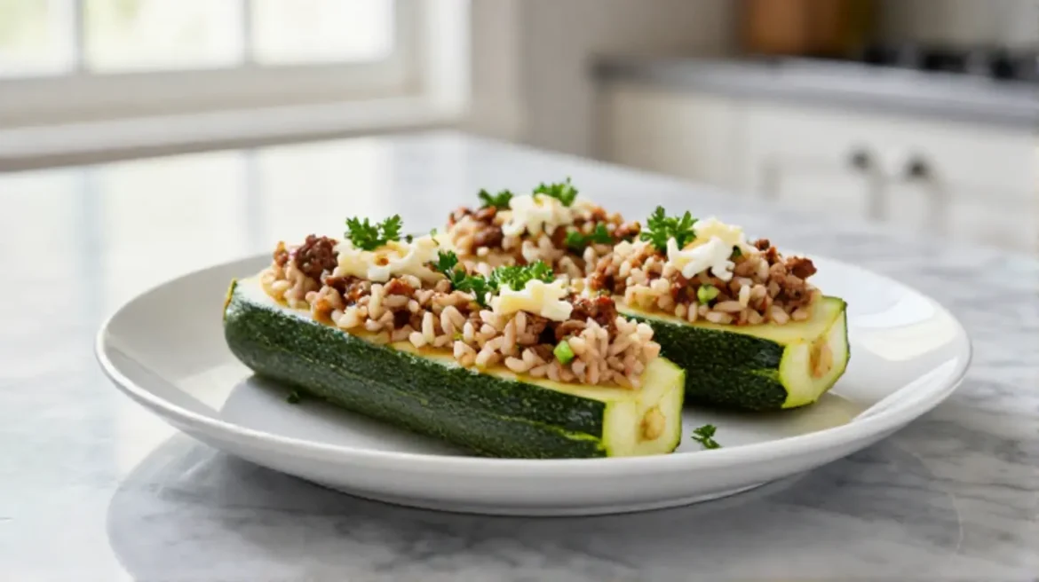 Zucchine ripiene cotte in friggitrice ad aria per un piatto leggero.